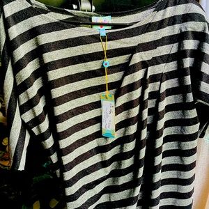 Plenty by Tracy Reese striped metallic grey black short sleeve top Petite L NWT